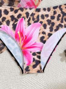 SHEIN 青少年女童豹纹和百合花三件套连体泳衣，时尚休闲优雅泳装，适合游泳、度假、青少年夏季泳衣，顶级女士泳衣套装夏季泳衣 1 件套，适合青少年女童沙滩套装女士泳衣 - 彩色 - 查看 4