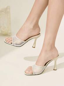 CUCCOO CHICEST Women's Apricot Mesh Rhinestone Embellished Square Toe Stiletto Heel Sandals, Elegant, Casual, Comfortable And Versatile For Work, Date, Party, Formal Occasions - Apricot - View 1