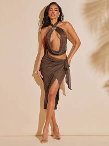 Hauture Tricot din tricot cu lanț metalic pentru vacanță de vară, sexy, cu ornamente de scoici, top cu gât - Maro - Vizualizare 4