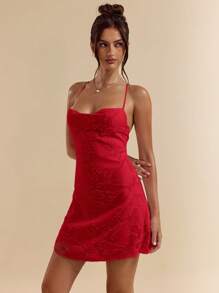 SHEIN BAE 纯色粉色紧身露背系带纹理A字超迷你女式连衣裙，春夏 - 紅色 - 查看 6
