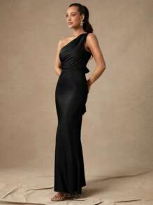 Silquee 优雅的不对称肩部系带连衣裙，适合休闲约会、外出、夜总会派对和秋季 - 黑色 - 查看 5