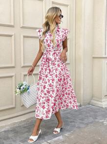 SHEIN LUNE Romantic Blue & White Ditsy Floral Ruffle Sleeve & Collar Waist-Cinched Layered A-Line Long Dress For Women, Spring/Summer Easter Work Summer Dresses Women Dresses Elegant Gown,Sun Dresses For Women,Bohemian Clothes - Red - View 3