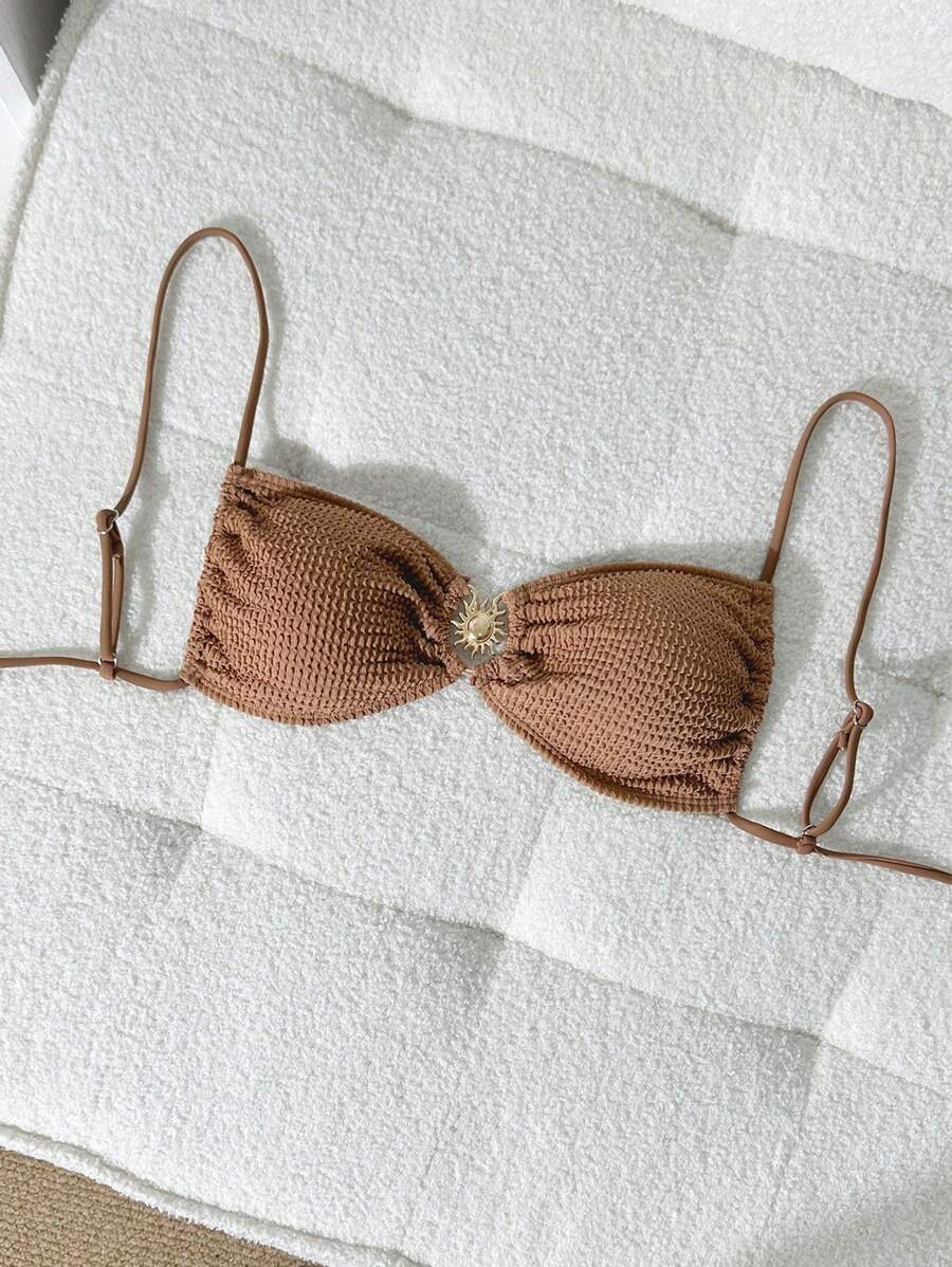 SHEIN Swim Women's Plain Ribbed Bandeau Bikini Top With Metal Decor, Beach Swimwear - Coffee Brown - View 1