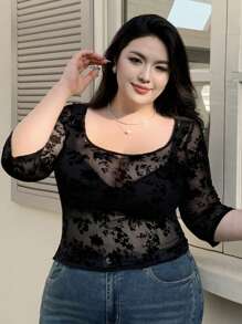 Dazy Plus Blusa ajustada de cuello cuadrado con estampado de flocado para mujer de talla grande, ropa de vuelta al colegio
