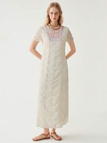 Florisole Women's Bohemian Embroidery Notched Neck Short Sleeve Casual Holiday Dress, Spring/Summer