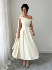 Selianne Floral Asymmetrical Neck Elegant Long Dress With Ribbon Detail For Women - Apricot - View 4