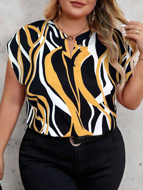 SHEIN Clasi Tricou cu mânecă scurtă cu imprimeu geometric pentru femei, mărime plus, topuri de vară, ținute de lucru pentru femei