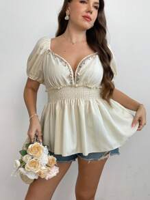 Sunnyshic Plus Size V-Neck Shell Tape Patchwork Cinched Waist Puff Sleeve Blouse