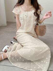 FRIFUL Women's Holiday Splicing Chiffon Mesh Strap Rose Flower Decor Straight Hem 2 In 1 Sweet Cream Yellow Long Dress, Ladies Summer Outfit, Graduation Dress, Wedding Guest Dress