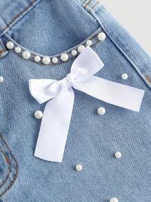 Girlism Tween Girls' Elegant Light Washed Distressed Bowknot High Waist Baggy Denim Straight Leg With Pocket Insert,Faux Pearl,And Frayed Hem,For Spring And Summer Vacation Festival Outfits,Girls Summer Beach Boho Vacation Wide Leg Pants, Summer Concert Festival Casual Rave Outfits, Girls Summer Brunch Church Graduation Outfits - Light Wash - View 3