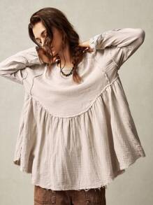 Bohemela Plus Size Woven Loose Fit Long Sleeve Shirt,Vintage - Apricot - View 7