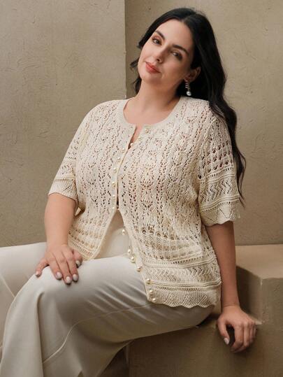 Anewsta Plus Size Women Pearl Button Knitted Cardigan