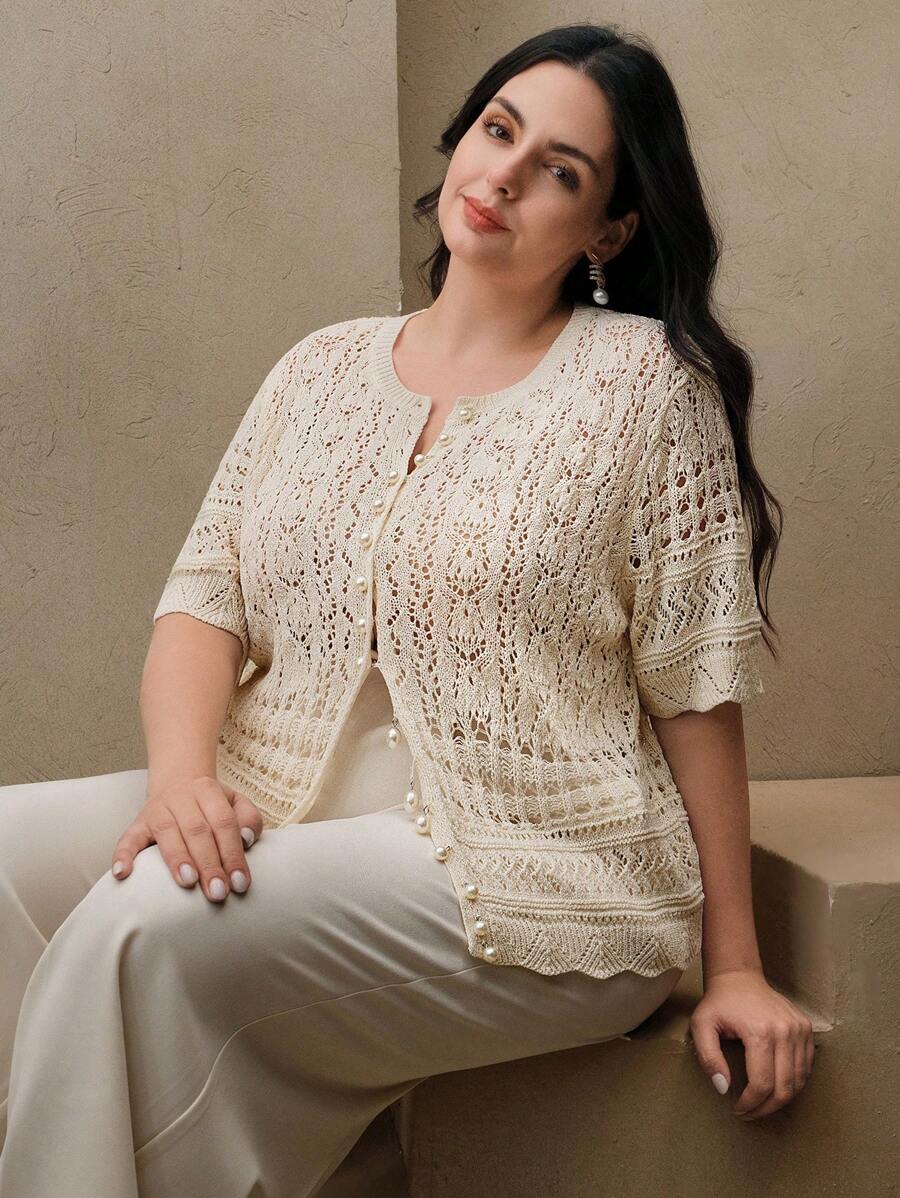 Anewsta 大码女式珍珠纽扣针织开衫 - 杏色 - 查看 1