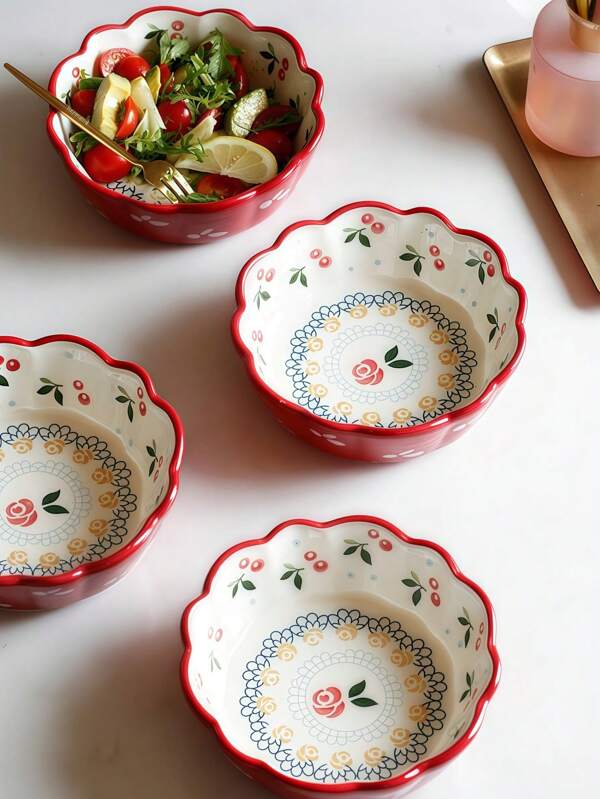 1pc Porcelain Bowl, Creative Flower Pattern Bowl For Kitchen Dining Room School Supplies,Christmas Gift