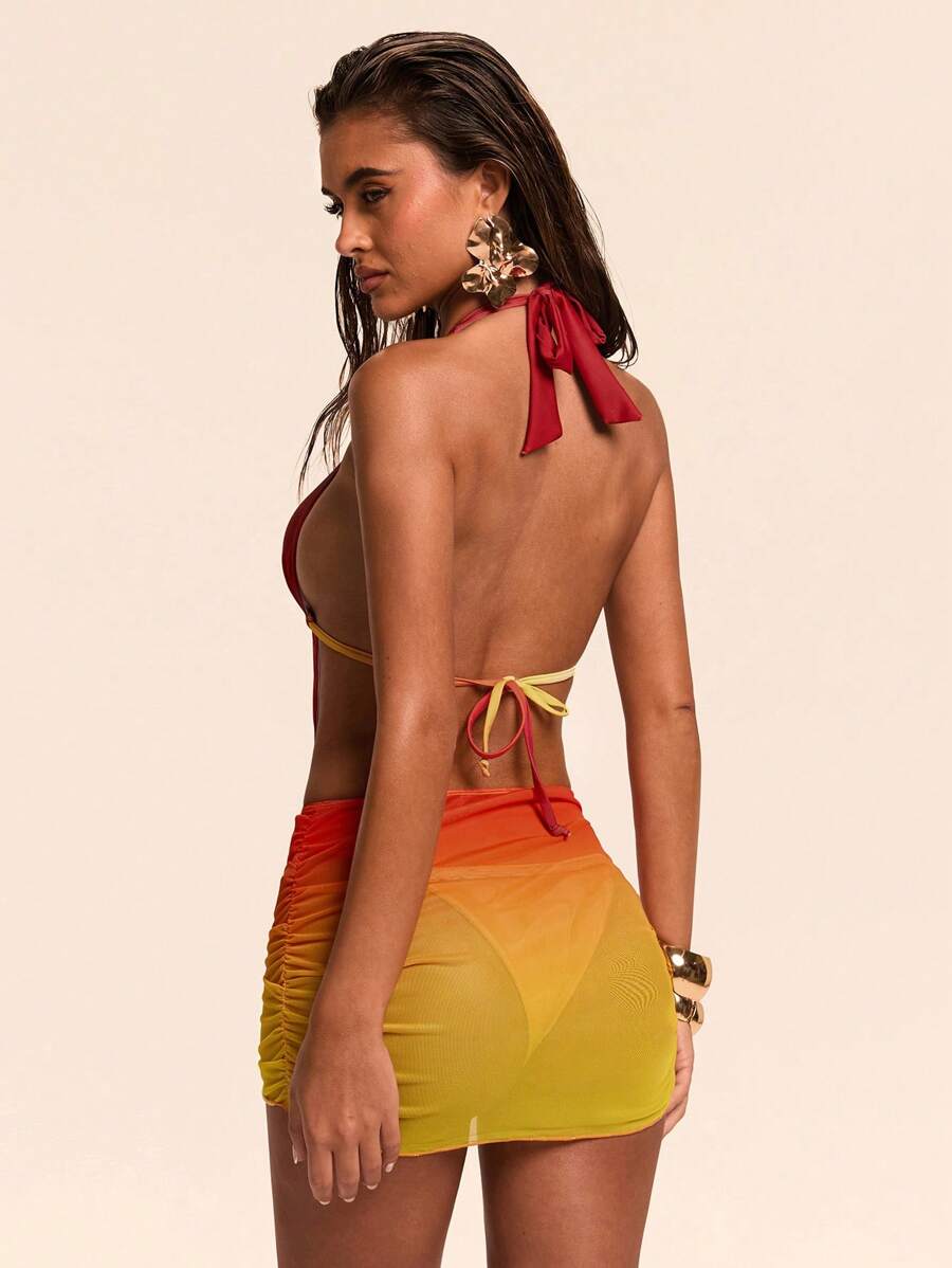 SHEIN BAE Women's Elegant& Halter Hollow Back Gradient Printed Metal Button Ruched Mesh Skirt One-Piece Swimsuit Yellow,Summer,Casual,Beach,Vacation,Holiday - Orange - View 1