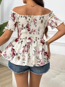 Flirla 大码花卉印花露肩优雅短袖衬衫