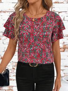 SHEIN Clasi Áo sơ mi nữ cổ tròn, tay bồng hai lớp, họa tiết hoa nhí, kiểu dáng H, thời trang và thanh lịch, đa năng cho mặc hàng ngày, thích hợp cho Ngày của Mẹ, áo sơ mi tay ngắn viền hoa thanh lịch, phong cách nghỉ mát, mùa hè cho nữ, áo mùa hè, nữ kín đáo, họa tiết hoa, áo sơ mi nữ, áo ngộ nghĩnh, phù hợp cho mặc hàng ngày thanh lịch, phụ nữ đi nghỉ mát, mùa hè cho nữ, phụ nữ công sở, áo đi chơi, áo công sở, mùa xuân cho nữ, lễ hội, phong cách cổ điển, áo tay ngắn nữ, phụ nữ thanh lịch, phụ nữ kín đáo, áo thường ngày, kỳ nghỉ xuân, áo ngày lễ Thánh Patrick. - Nhiều màu - Xem 1