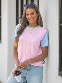SHEIN LUNE Casual Colorblock Striped Loose Fit Round Neck Short Sleeve Plus Size Women T-Shirt, Summer Woman S Summer Clothes Tee Shirts For Women