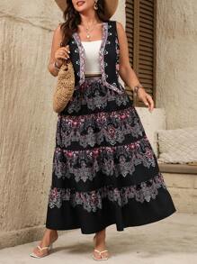 SHEIN LUNE 2件套女士夏季休闲西式V领无袖印花黑色上衣和松紧腰长裙女夏装女士生日女士夏装夏季两件套 - 黑色 - 查看 5