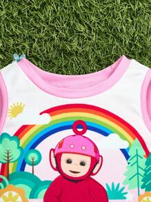 Teletubbies X SHEIN 2pcs Baby Girl Cute Gradient Pink Cartoon Po Pattern Tank Top & Shorts Set, Summer