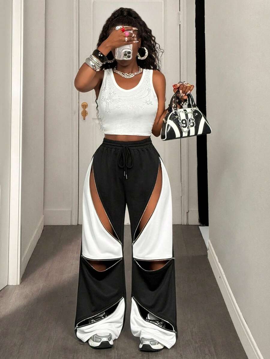 BamGleam 撞色拉链休闲性感宽松抽绳腰运动裤 - 黑與白 - 查看 1