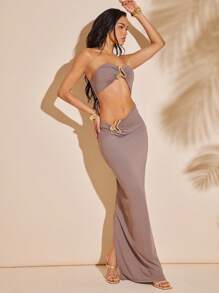 Hauture 金色装饰细节露肩镂空不对称腰部针织长裙 - 棕色 - 查看 4