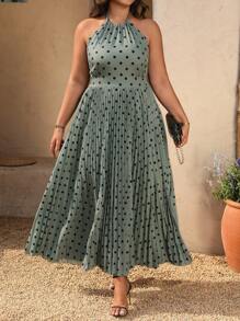 SHEIN Clasi Curve 大码女式浪漫休闲日常绿色波点印花露肩吊带A字褶皱长连衣裙，女士夏季服装，女士夏季连衣裙，夏季连衣裙 - 綠色 - 查看 6