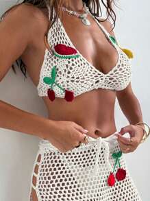 Swim Mod Women's Vacation Fruit Element Halter Bikini Cover Up ,Ibiza Outfits For Summer - Beige - View 4