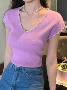 DAZY Women Pearl Decorated Contrast Color Knit Top With Short Sleeves, Purple For Summer - Purple - View 4