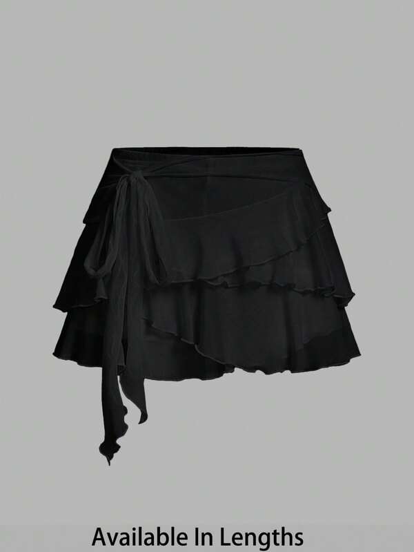 SHEIN PETITE CURVE Plus Size Women's Multi-Layer Ruffle Trim Low Rise Y2K Mini Black Skirt Skirts For Women Mini