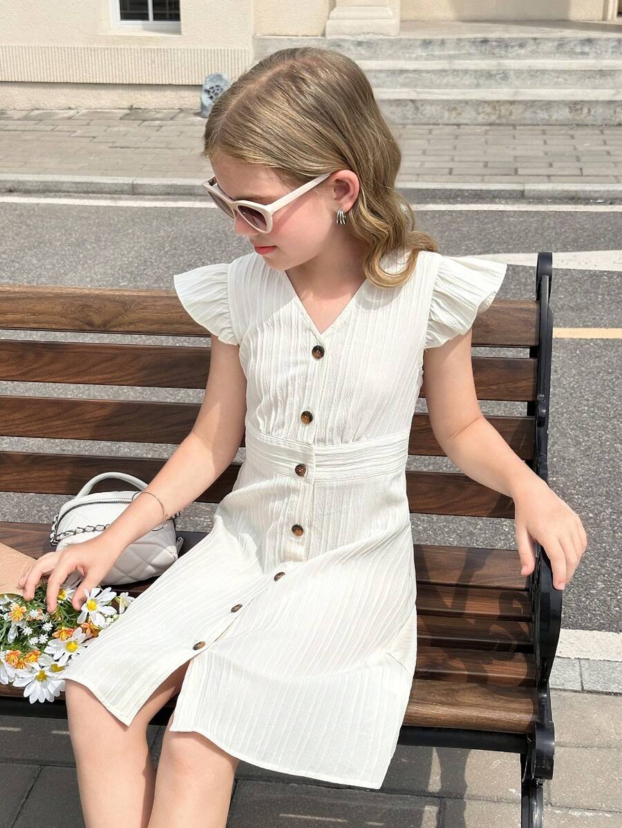 SHEIN Tween Girls Elegant Off-White Summer Party Dress,Woven Texture V-Neck Button Down Front Ruffle Waist Casual Holiday Outing Spring Trip And Vacation - Beige - View 1