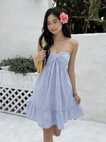 SHEIN Teen Girls' Summer Casual Simple Comfortable Spaghetti Strap Back Tie Ruffle Hem Mini Dress