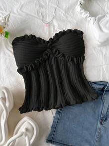 Soleia Casual Ruffled Hem Sleeveless Knit Crop Top, Summer Vacation - Black - View 1