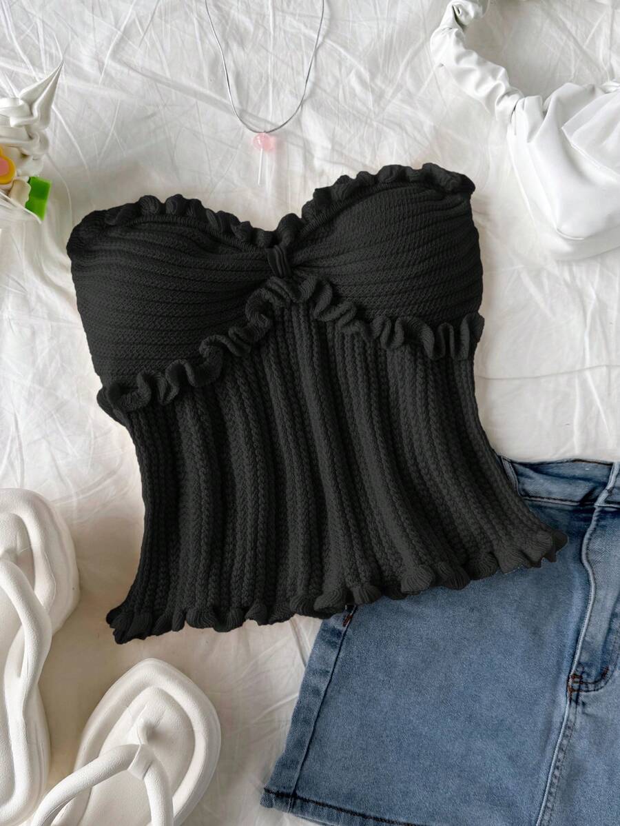 Soleia Casual Ruffled Hem Sleeveless Knit Crop Top, Summer Vacation - Black - View 1