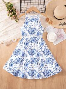 波西米亚风蓝白花卉印花，青少年女孩休闲简约无袖连衣裙，夏季 - 彩色 - 查看 1