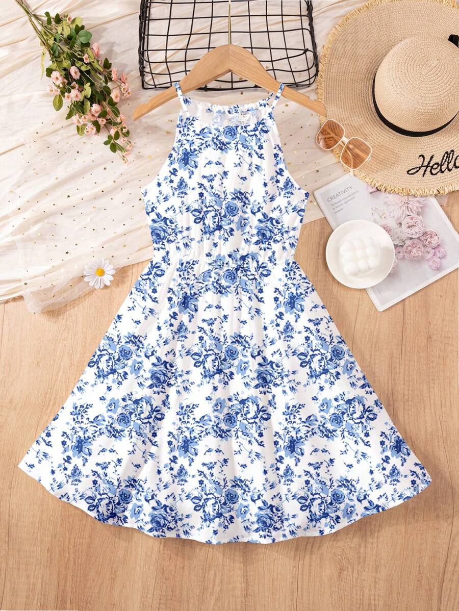 波西米亚风蓝白花卉印花，青少年女孩休闲简约无袖连衣裙，夏季 - 彩色 - 查看 1