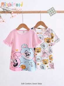 2pcs/Set Baby Girls' Cute Cookie, Rabbit, Bear Print Nightgown Pajama Set, Simplistic & Fashionable - Multicolor - View 1