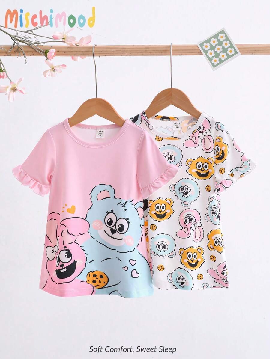 2pcs/Set Baby Girls' Cute Cookie, Rabbit, Bear Print Nightgown Pajama Set, Simplistic & Fashionable - Multicolor - View 1