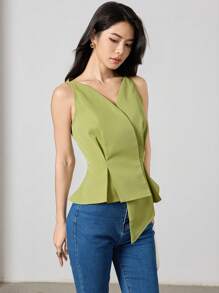 Heiryn Women's V-Neck Solid Color Sleeveless Shirt With Asymmetric Hem For Summer, Elegant Design, Sleeveless Tops
