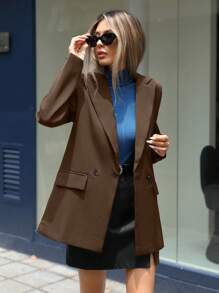 Aveloria Modichic 女士商务风格纯色双排扣西装外套，适合秋季通勤 - 咖啡棕 - 查看 5