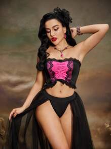 PinupGlam Vintage Palast-Stil romantischer Bondage-Spitzen-Satin-Transparenz-Taillengürtel für Damen, Rot Rose & Schwarz