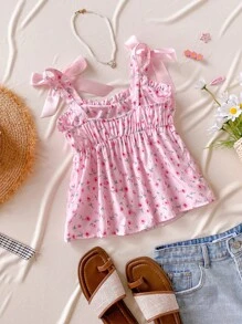这款粉色优雅甜美公主风情人节印花露肩吊带上衣，采用粉色碎花设计，肩部饰有荷叶边和立体蝴蝶结，后背采用短款露背设计。适合日常穿着、度假、派对和其他场合。 - 粉色 - 查看 2