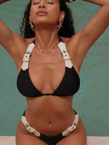 Swim Chiccia 2pcs Black High-End Adjustable Buckle Decor Bikini Set For Beach Holiday, Summer - Black - View 5