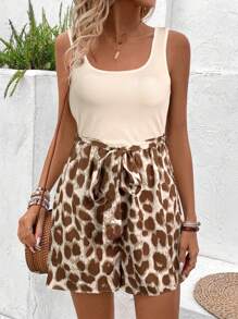 SHEIN LUNE Mono vintage de mujer con estampado de leopardo patchwork, cuello cuadrado, escote en forma de U, lazo de cintura, silueta de línea A, elegante atuendo casual de resort