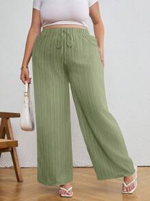 SHEIN Tall CURVE 夏季休闲纹理阔腿七分裤 - 橄欖綠 - 查看 4