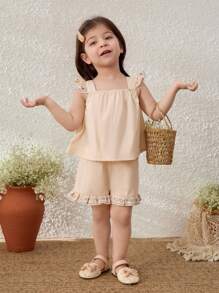 Blossori Baby Girl Countryside Floral Embroidered Ruffle Sleeve Top And Shorts Set - Khaki - View 3
