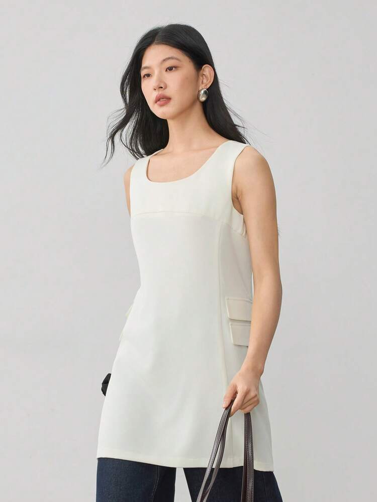 Women's Summer Casual Business Commute Elegant Large Pocket Decorated Waistcoat Dress Suit Top, Solid Color Simple Long Top