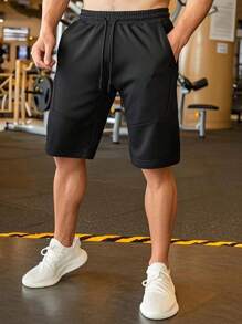 Manfinity Homme Pantaloncini casual neri da uomo al ginocchio, pantaloncini sportivi versatili in tessuto a maglia per palestra, sport e allenamento - nero - Visualizzare 3