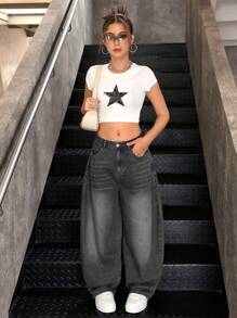 SHEIN 少女复古 Y2K 风格 2000 年代休闲男友风宽松牛仔裤，适合街头潮流 - 灰色 - 查看 5