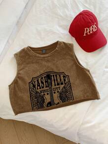 Comfortcana Summer Rave Outfits     Khaki Guitar & Letter Print Crop Tank Top - Khaki - View 4